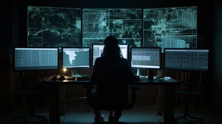 Silhouette of a hacker in a dark room with computers and mapの素材