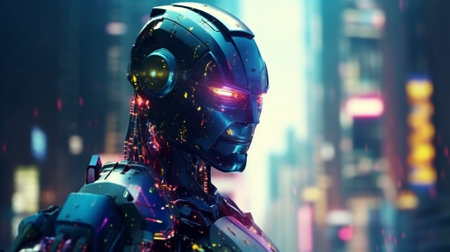 Cyborg woman cyborg against modern city at night 3d renderingの素材