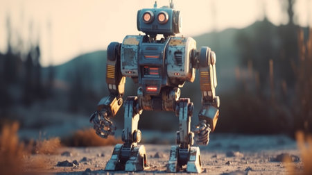 Vintage tin robot on the background of the setting sun. 3d rendering.の素材
