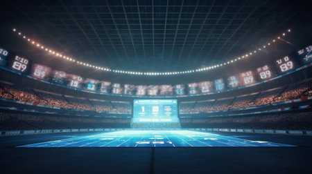 3D rendering of a large football stadium with bright lights and VIP boxesの素材