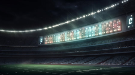 3D rendering of a large football stadium with bright lights and VIP boxesの素材