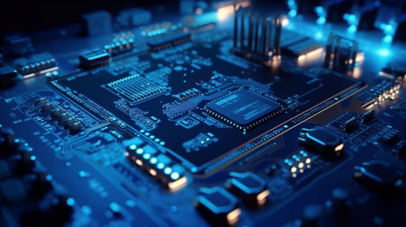 Close-up of electronic circuit board. Technology concept. 3D Renderingの素材