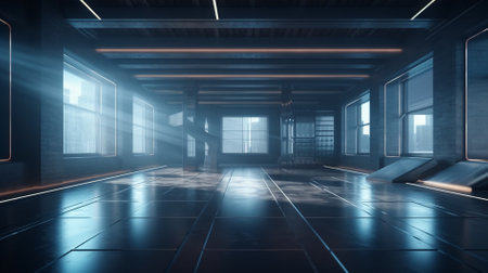 Futuristic corridor with glowing lights and reflections 3D Renderingの素材