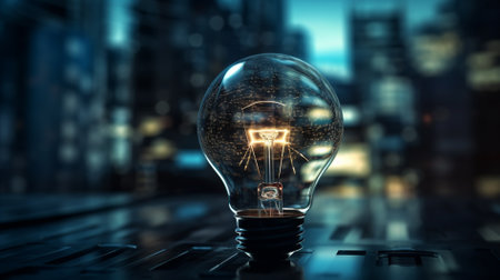 Glass glowing light bulb on modern dark background. 3D rendering.の素材