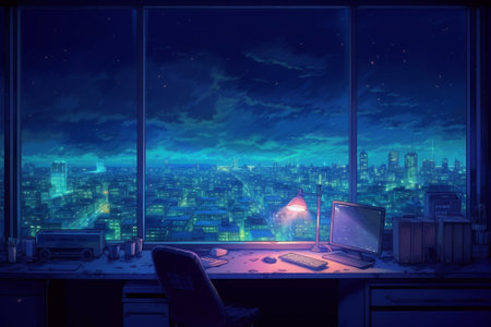 Computer on the table in the office. Night city. 3D renderingの素材