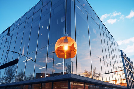 Modern office building. Glass facade of a modern office building with a street lamp.の素材