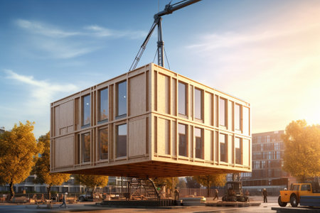 Construction site with crane and building materials at sunset. 3d renderingの素材