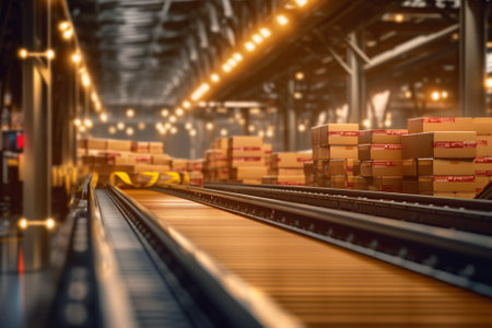Conveyor belt with cardboard boxes in warehouse, 3d renderの素材