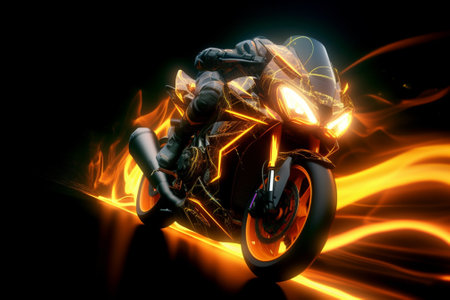 3d illustration of a motorbike with flames on a black backgroundの素材