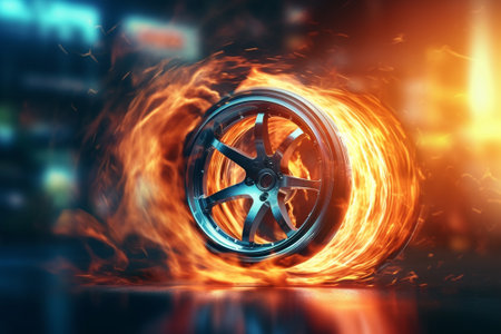 Car wheel on fire background. 3d rendering toned image double exposureの素材