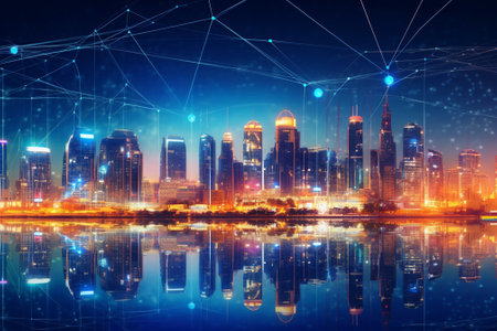 Modern city at night with digital connection lines on the cityscape backgroundの素材