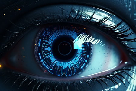 Close up view of human eye with hud interface. 3d renderingの素材