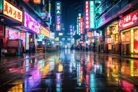 Unidentified people walking on the street at night in Hong Kong. Hong Kong is the most populous city in the world.の素材