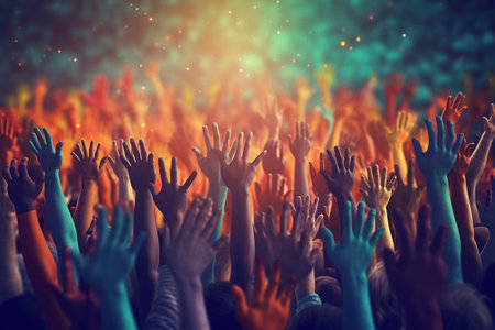 Crowd of people hands raised up in the air. Colorful backgroundの素材