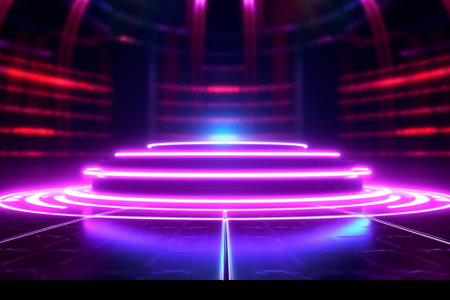 3d render, abstract background with neon lights, podium, pedestalの素材