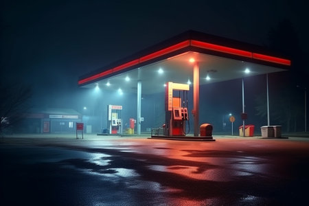 Gas station at night in the fog. 3d rendering illustration.の素材