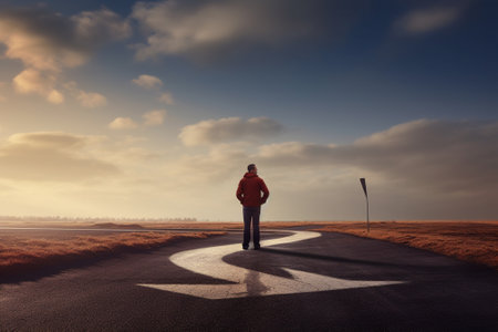 Man standing on asphalt road and looking forward. 3D Renderingの素材