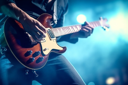 Guitarist playing electric guitar on stage. Close-up.の素材