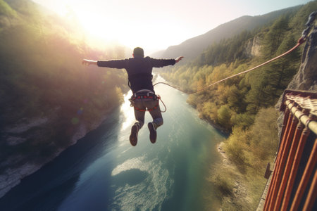 Man jumping from a cliff into the river. The concept of extreme sportsの素材