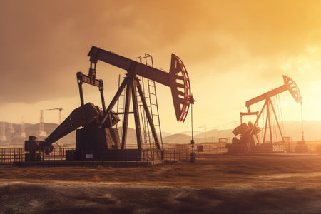 Oil pumps in the sunset. Oil industry equipment. 3d renderingの素材