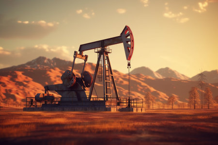 Oil pump in the field at sunset. 3d render illustration.の素材