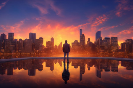 Businessman standing in front of modern city skyline with reflection in waterの素材