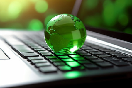 Green globe on laptop keyboard. Business and technology concept. 3D Renderingの素材