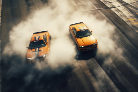 Two orange sports cars on the race track. Smoke from burning tires.の素材