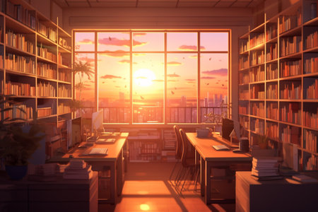 Modern library interior with bookshelf and city view. 3D Renderingの素材