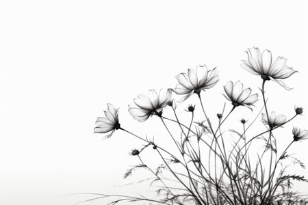 Cosmos flowers in black and white on white background with copy spaceの素材