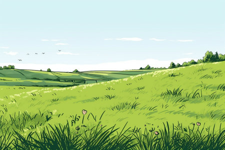 Vector illustration of a green meadow with grass and blue sky.の素材