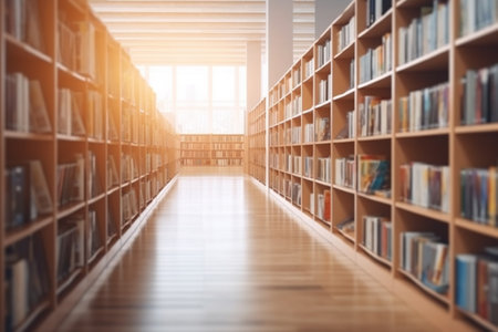 Library interior with bookshelves and sunlight. 3D Renderingの素材