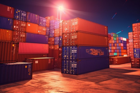 Containers in warehouse at night. Freight transportation concept. 3D Renderingの素材