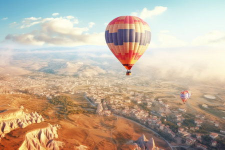 Hot air balloon flying over Cappadocia, Turkey.の素材