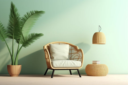 interior with wicker armchair and plant, 3d renderの素材