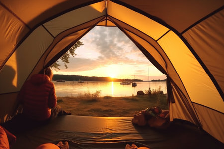 Couple camping in tent on lake at sunset. Camping conceptの素材