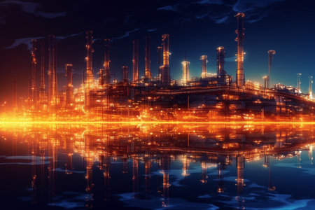 Oil refinery at night with reflection in water. 3d illustration.の素材