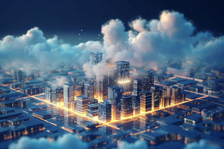 Modern city buildings and skyscrapers in clouds. 3D renderingの素材
