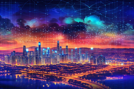 Cityscape at night and network connection concept. 3D Renderingの素材