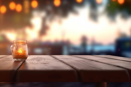 Empty wooden table and blurred background of night club or bar with bokehの素材