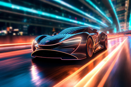 3D rendering of a brand-less generic concept car in the cityの素材