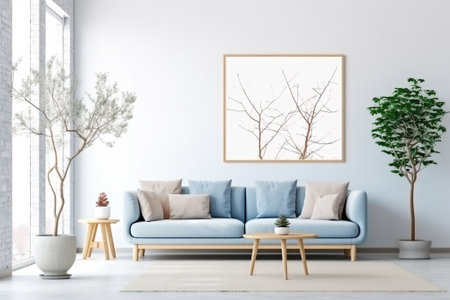 Modern living room interior with blue sofa, coffee table and plant. 3d renderの素材