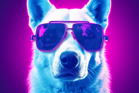 Portrait of a white dog with sunglasses on a purple background.の素材
