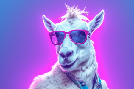 Funny llama with sunglasses on the purple background. 3d renderingの素材