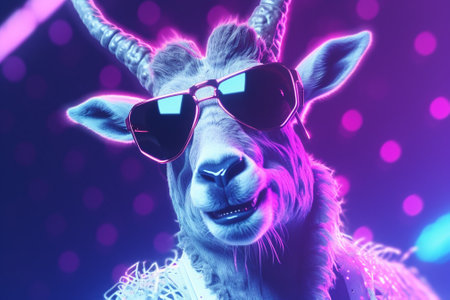 Portrait of a white goat wearing sunglasses on a purple background.の素材