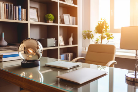 Modern office interior with computer, bookshelf and glass globe. 3D Renderingの素材