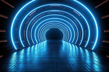 Abstract dark futuristic tunnel with glowing neon lights. 3D Renderingの素材