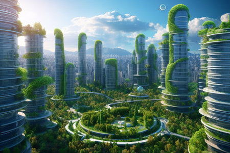 3D rendering of a futuristic city with skyscrapers and buildingsの素材