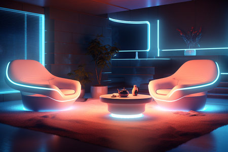 Modern interior of a living room. 3D rendering. Neon lights.の素材