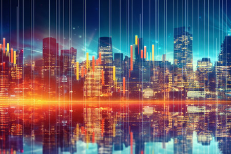 Double exposure of business graph and cityscape background. Concept of stock market.の素材